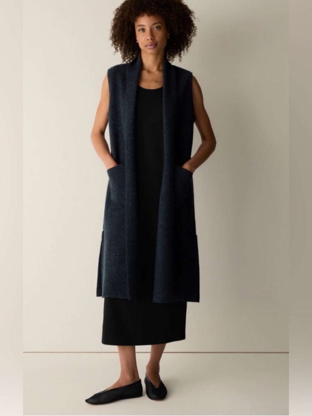 Eileen Fisher Lightweight Boiled Wool Shawl Collar Black Long Vest